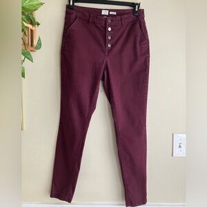 A New Day Women's Pants Sz 10 Maroon Burgundy Skinny Stretch Button Up Fly Jeans